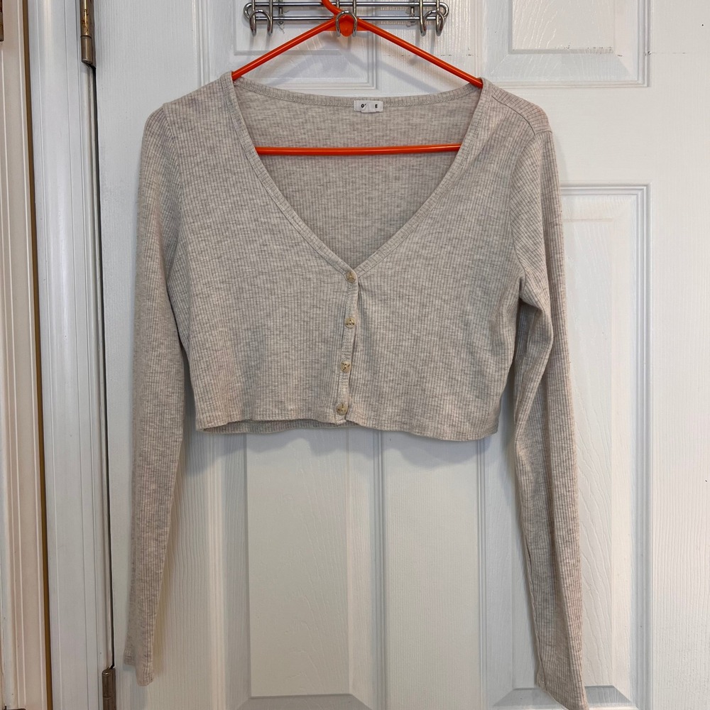 GARAGE Ribbed Button Front Cropped‎ Long Sleeve Top Light Beige